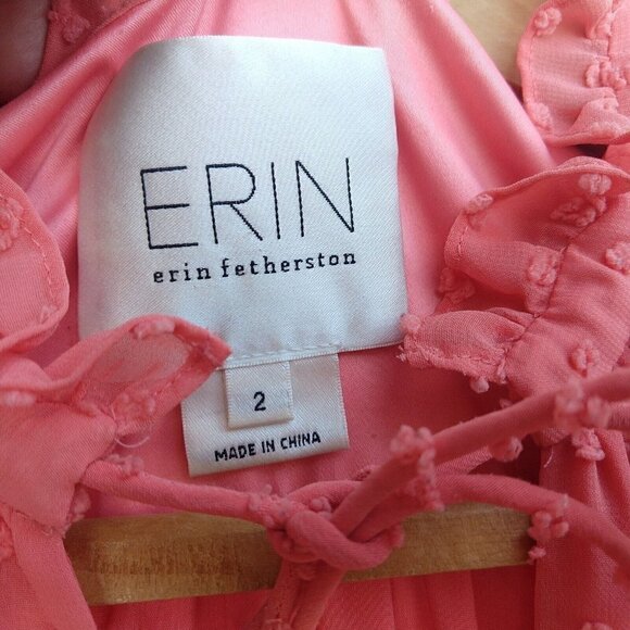 Erin by Erin Fetherston Pink Swiss Dot Dress Size 2 Fit & Flare Tie Neck Ruffle - Picture 8 of 10